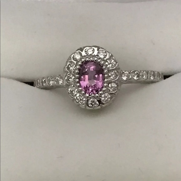 14k GENUINE Pink Sapphire & Diamond Halo Ring - Picture 5 of 15